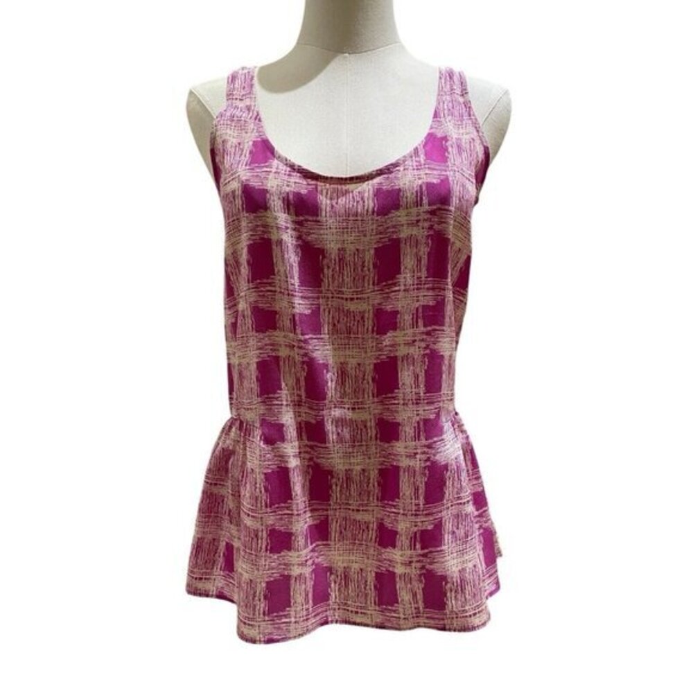 Fossil Silk Tank Top Blouse Pink White Printed Peplum Hem Sleeveless NWT